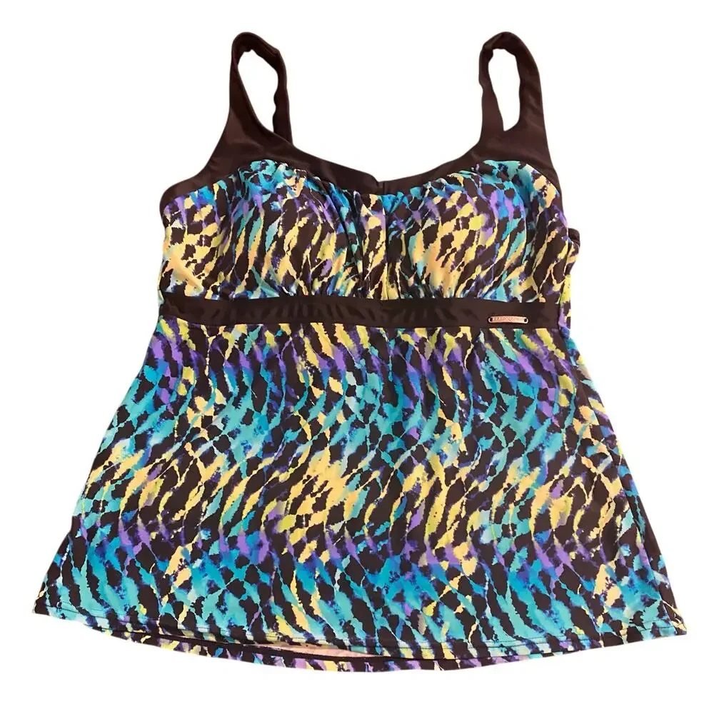 ZeroXposur XL Tankini Swim Top Blue Abstract Animal Print Shelf Bra Resort Beach